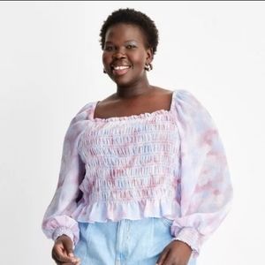 1X Purple Watercolor Long Sleeve Smocked Bodice Top by Future Collective's
